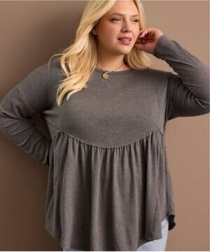 ARULA | Dark Gray Heather Waffle Scalloped Waist Babydoll Long Sleeve Top 2XL B